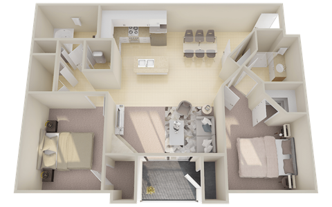 Floor plan for 2 beds, 2 baths, 1073 sqft